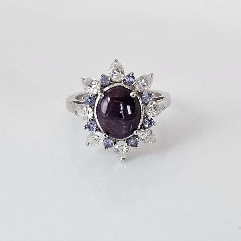 Natural Indian Star Ruby Moissanite Tanzanite Ring In Sterling Silver Size 7